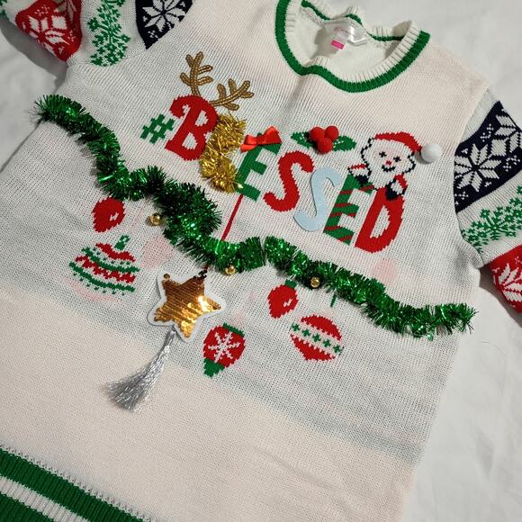 Ugly Christmas Sweater Kids L (11-13) BLESSED 3D Garland Sequins PomPoms - Picture 3 of 9